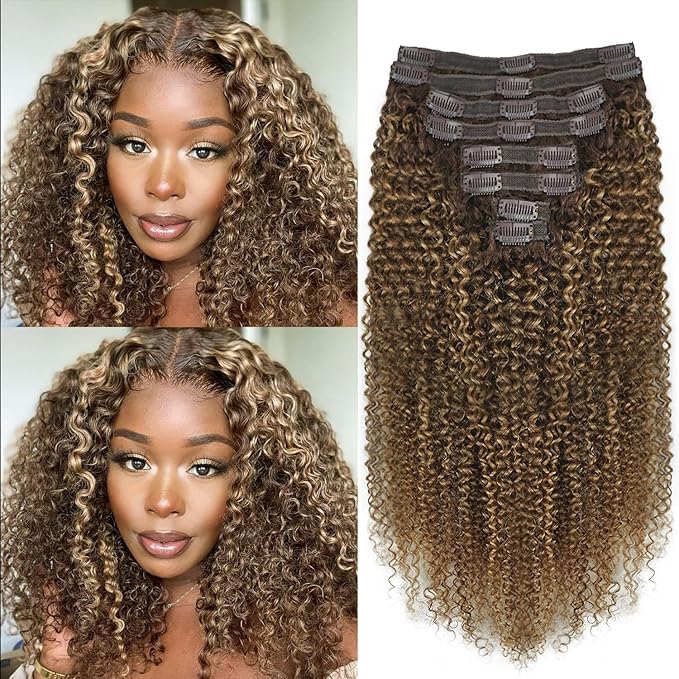Kinky Curly Clip in Hair Extensions Real Human Hair 4/27/4 Omber Kinky Curly Clip ins For Women 3c 4a Brazilian Virgin Clip on Hair (14inch,#4/27/4)
