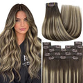 YoungSee Invisible Clip in Hair Extensions Human Hair Brown Balayage Clip on Hair Extensions Chocolate Brown with Ash Blonde Balayage Clip ins Real Human Hair Extension for Natural Look 120G 7Pcs 16In