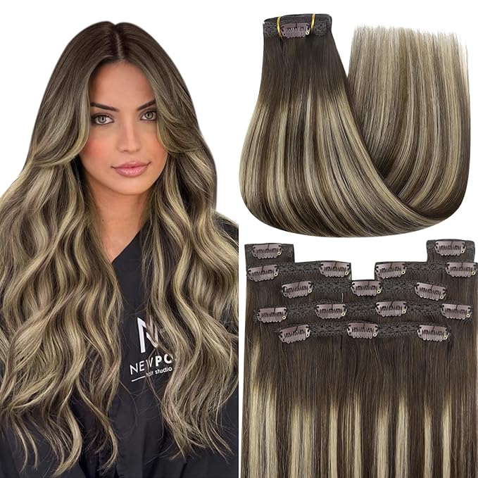 YoungSee Invisible Clip in Hair Extensions Human Hair Brown Balayage Clip on Hair Extensions Chocolate Brown with Ash Blonde Balayage Clip ins Real Human Hair Extension for Natural Look 120G 7Pcs 16In
