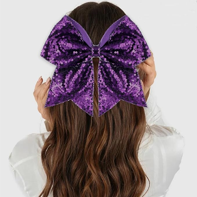 Large Glitter Cheer Bows Clips, Jumbo Big 7 Inch Cheerleading Sequin Hair Bow Hair Accessories for Teens Girls Football Sports Cheerleader Outfit Uniform (Dark Purple)