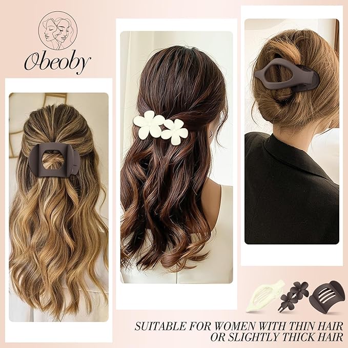 Obeoby 8 Pcs Flat Hair Clips for Women, 4 Types French Flat Claw Clips Hair Barrettes Accessories Large Medium (Off-white, Dark Brown)