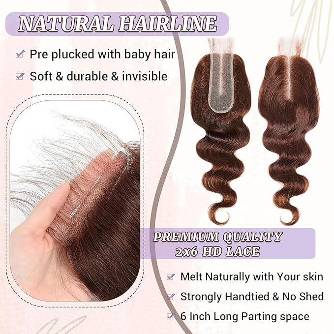 2x6 HD Lace Closure Human Hair Body Wave 4# Chocolate Brown Color Transparent Lace Closure 2x6 Long Deep Middle Part 100% Raw Virgin Human Hair 16 Inch 150% Density