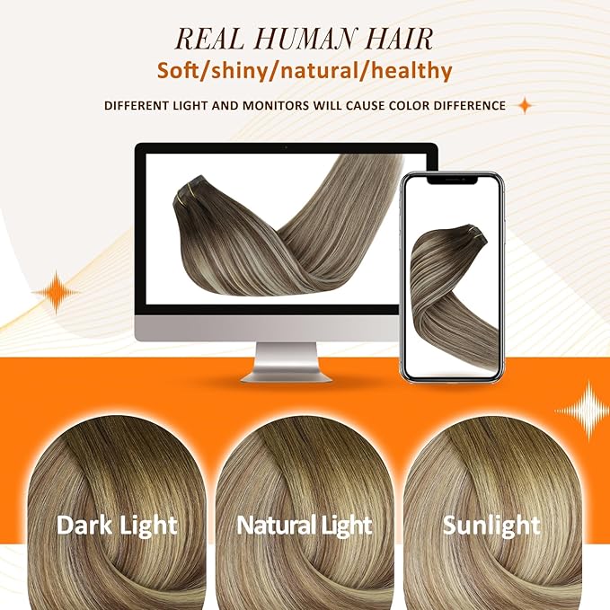 Full Shine Seamless Clip in Hair Extensions Brown Ombre Light Brown Mix Light Blonde Straight Natural Human Hair Extension for Women 20 Inch 8 PCS 120 G