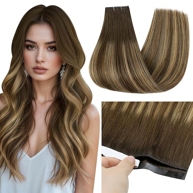 Full Shine Genius Weft Hair Extensions Human Hair 24 Inch Color 4 Medium Brown Ombre 24 Blonde And 4 Brown Long Tape Weft Tape in Extensions Real Human Hair Remy Skin Weft 20Pcs 50G for Wedding