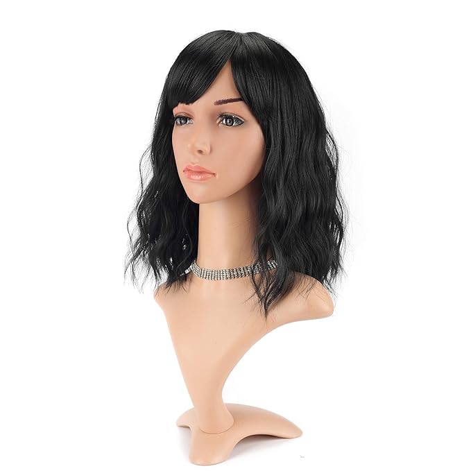 FAELBATY Black Wigs With Bangs Shoulder Length Bob Wig for women Synthetic Cosplay Wig Black Bob Wig for Girl Costume Wigs (14" Black Color)