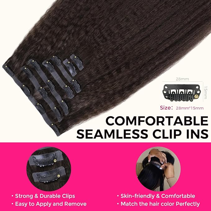 Lashey Seamless Clip in Hair Extensions Human Hair #2 Dark Brown Kinky Straight 7 Pcs 110g 14 Inch Soft Flat PU Weft Real Human Hair Clip in for Women
