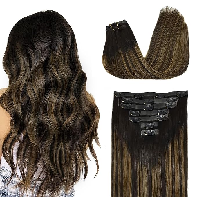 GOO GOO Clip in Hair Extensions Real Human Hair, Remy Human Hair Extensions Clip ins for Women, Natural Human Hair, 22inch 150g 7Pcs, 1B/6/1B Balayage Natural Black to Chestnut Brown