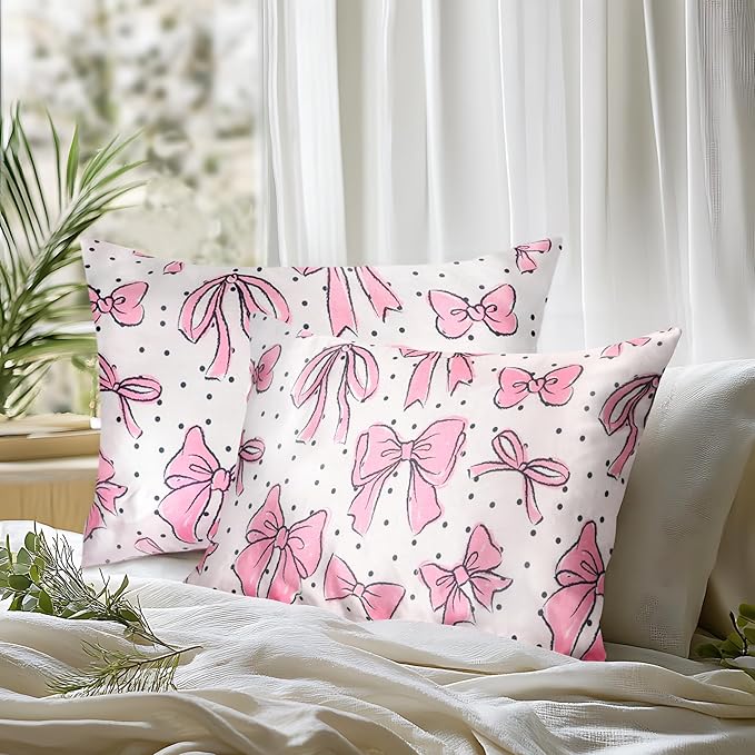 Bow Pink Satin Pillowcase for Hair & Skin Care, Queen Size Set of 2 - Luxurious Satin Pillow Cover with Envelope Closure(20x30 Inches)