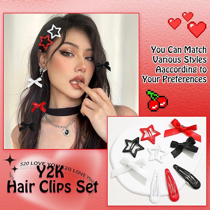 36Pcs Red Mini Hair Bows Y2K Star Hair Barrettes Metal Snap Hair Clips Water Drop No Slip Hair Clips for Women Bowknot Star Hair Accessories for Girls