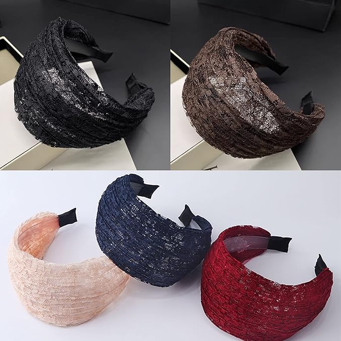 DORIS&JACKY Fashion 2.5 Inch Wide Lace Headbands Elastic Hairbands With Teeth Headwear Accessories For Women And Girls… (Wide Lace-5PCS)
