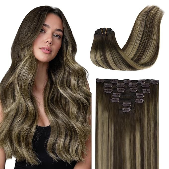 GOO GOO Clip in Hair Extensions Real Human Hair, Remy Human Hair Extensions Clip ins for Women, Natural Human Hair, 26inch 180g 7Pcs, #4/26/4 Balayage Chocolate Brown to Honey Blonde