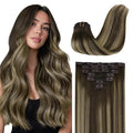 GOO GOO Clip in Hair Extensions Real Human Hair, Remy Human Hair Extensions Clip ins for Women, Natural Human Hair, 26inch 180g 7Pcs, #4/26/4 Balayage Chocolate Brown to Honey Blonde