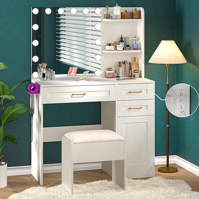 Vanity Desk with Mirror and Lights, 37 inch Vanity Set with Storage Chair & Power Outlet, White Makeup Vanity with 3 Drawers & Large Cabinet, 3 Colors Lighting Adjustable Brightness, Hair Dryer Rack