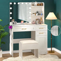 Vanity Desk with Mirror and Lights, 37 inch Vanity Set with Storage Chair & Power Outlet, White Makeup Vanity with 3 Drawers & Large Cabinet, 3 Colors Lighting Adjustable Brightness, Hair Dryer Rack
