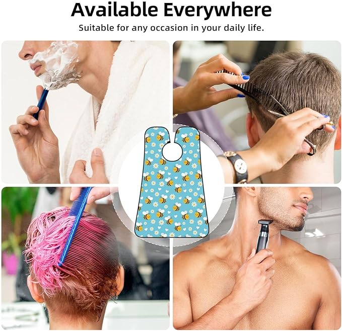 No-Slip Shaving Bib, Beard Grooming Apron with Strong Suction Cups, Yellow Bee Cute Flower Daisy Sky Blue