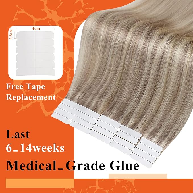 Full Shine Seamless Remy Hair Extensions Tape in Color 18/613 Ash Blonde Mix With Blonde Natural Hair 14Inch Tape in Real Human Hair Extensions Double Side Tape Extensions 20Pcs 50Grams Add Volume