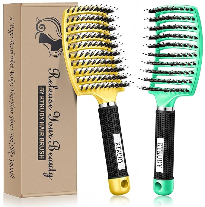 KTKUDY Detangling Brush Getting Knots Out without Pain - Boar Bristles HairBrush Make Hair Shiny & Healthier Vented Detangler Brush for Women Men Kids Wet and Dry Hair (Yellow & Green)