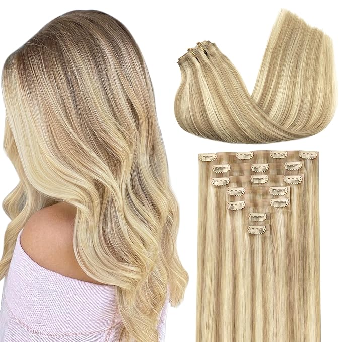 GOO GOO Clip in Hair Extensions Real Human Hair, Remy Human Hair Extensions Clip ins for Women, Natural Human Hair, 22inch 110g 7Pcs, 18A/613A Dark Blonde Highlighted Bleach Blonde