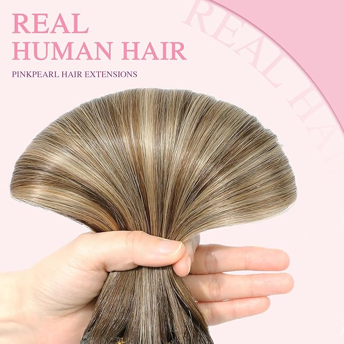 PINKPEARL Clip in Hair Extensions Human Hair, Remy Human Hair Clip ins for Women #4/27/4 Chocolate Brown to Caramel Blonde Balayage Clip Hair Extensions 7pcs 120g 20inch(#4/27/4-20)