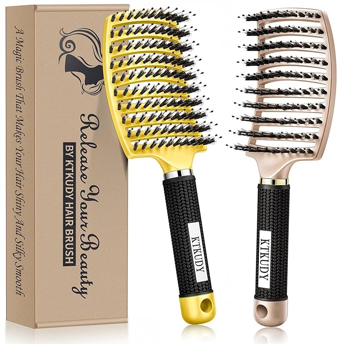 KTKUDY Detangling Brush Getting Knots Out without Pain - Boar Bristles HairBrush Make Hair Shiny & Healthier Vented Detangler Brush for Women Men Kids Wet and Dry Hair (Yellow & Gold)