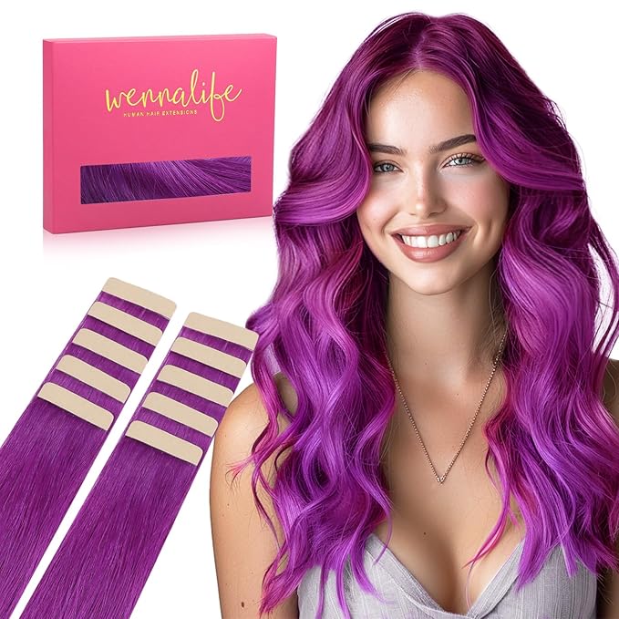 Wennalife Purple Tape in Hair Extensions, 10pcs 30g 26 inch Remy Invisible Tape Ins Straight Colored Soft Real Human Hair Tape in Extensions Refill Set Extensions