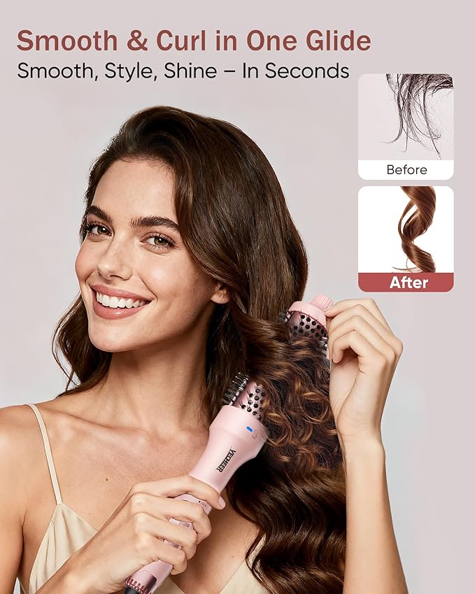 Thermal Brush for Blowout Look, 360° Airflow Heated Round Brush with 2× Negative Ions Release for Less Frizzy, 1.5 Inch Dual Voltage Heated Curling Brush for Travel, Dual PTC Technology, Pink