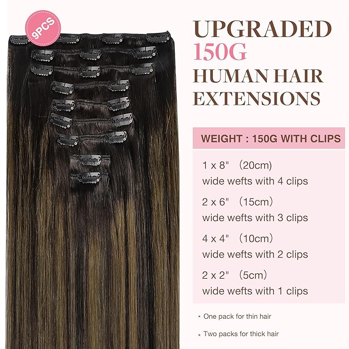 GOO GOO Clip in Hair Extensions Real Human Hair, Remy Human Hair Extensions Clip ins for Women, Natural Human Hair, 16inch 150g 9Pcs, 2/6/2 Balayage Dark Brown to Chestnut Brown