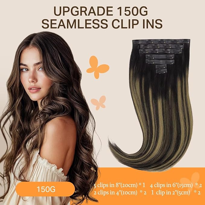 DOORES Hair Extensions Real Human Hair, Natural Black to Chestnut Brown 14 Inch 130g 9pcs, Clip in Remy Human Hair Extensions Seamless Clip ins Straight Hair Invisi Edge Hair Extensions Remy Hair