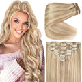 Ve Sunny 24 inch Remy Clip in Hair Extensions Long Human Hair Extensions Blonde Highlight for Women Warm Color Real Human Hair Clip in Extensions Straight 120g 7pcs