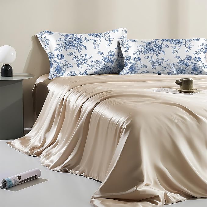 Blue Flowers Peonies Roses Satin Pillow Case Queen Size,Soft Pillowcases for Hair and Skin Similar to Silk,Pillowcases with Hidden Zipper Bedding Accessories,20X30 Inches,1 Pack