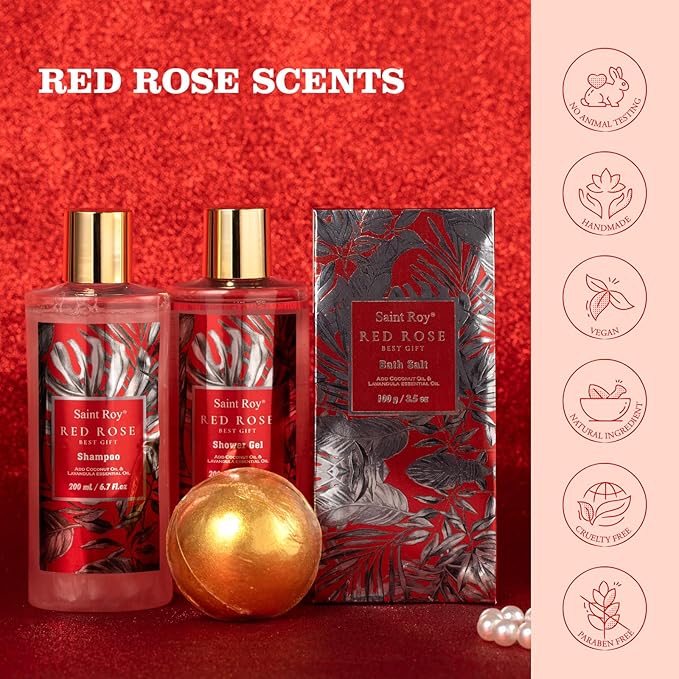 Christmas Spa Gift Set For Women, Birthday Gifts for Her, Spa Gift Basket for Women, Red Rose Bath and Body in Floral Scents Bath Kits, Home Spa Gift Basket, Bath Spa Kit for Mothers day Bath Lotion