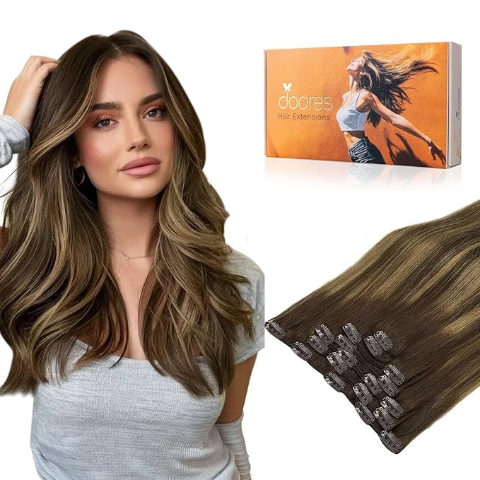 DOORES Clip in Hair Extensions Real Human Hair Balayage Chocolate Brown to Caramel Blonde 16 Inch 7pcs 120g Remy Human Hair Extensions Clip in Straight Thick Weft