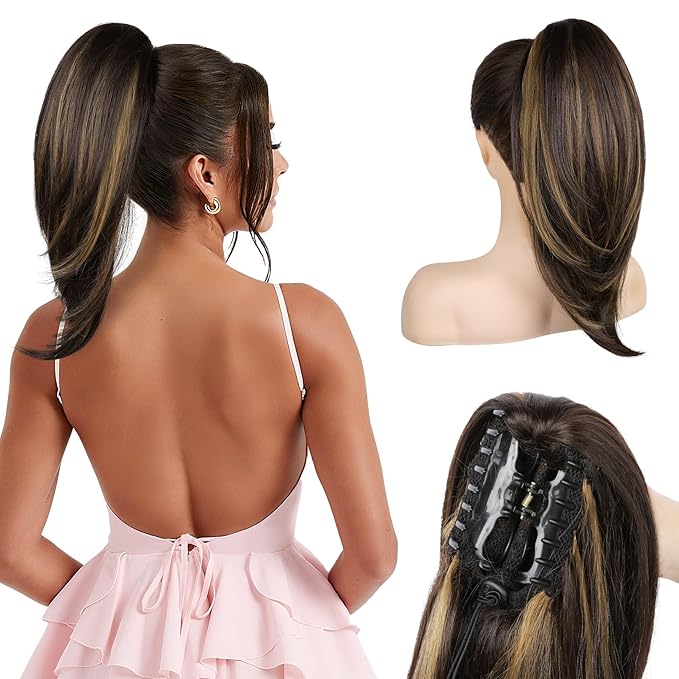 Ponytail Extension – 16” Claw Clip in Ponytail Hair Extensions Natural Soft Synthetic High Pony Tail Hairpieces for Women (Dark Brown with Highlights, 16 inch)