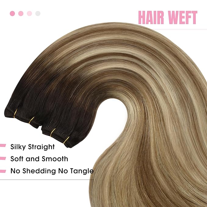 YoungSee Weft Hair Extensions Brown Balayage Human Hair Extensions Sew in Darkest Roots to Medium Brown with Blonde Balayage Double Weft Human Hair Extensions 16Inch 100G