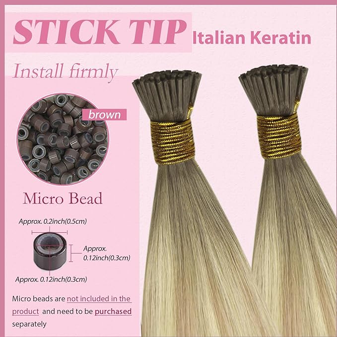 YoungSee Itip Human Hair Extensions Ombre I Tips Hair Extensions Human Hair Balayage Blonde with Platinum Blonde I Tip Extension 22In 50g 50s Invisible Hair Extension for Wedding