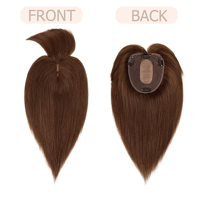 Hair Toppers for Women Real Human Hair With Bangs, 13 * 15 cm Larger Silk Base 150% Density Clip In Topper Hairpieces, Wiglet Top Pieces Add Volume -12 Inch 04 Medium Brown