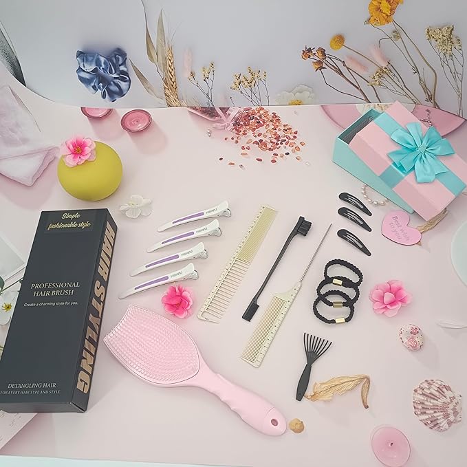 Hair Brush Set, Professional Styling Tools with Combs and Accessories, Pink, Gift Box Included (Pink Brush+Black Brush)