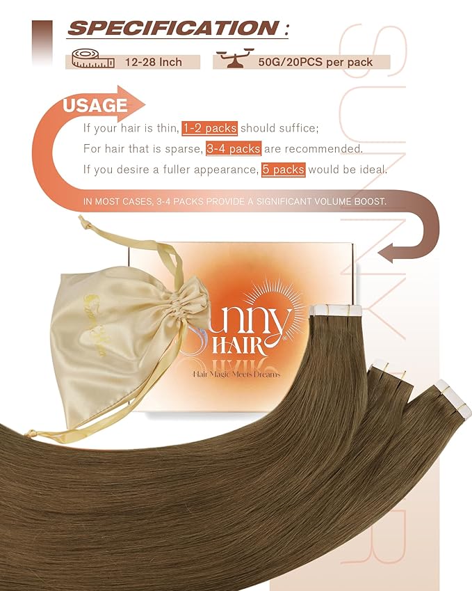 Sunny Hair Tape in Hair Extensions Real Human Hair Invisible Remy Hair Extensions Tape ins for Women Light Brown 20 inch 20Pcs