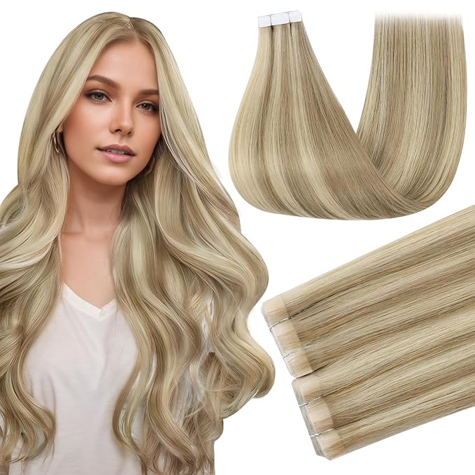 Full Shine Blonde Tape in Hair Extensions Color 16P22 Highlighted Remy Injected Tape in Extensions Bridal Hairstyles 22Inch Invisible Extension 50G 20Pcs Natural Straight Soft Skin Weft