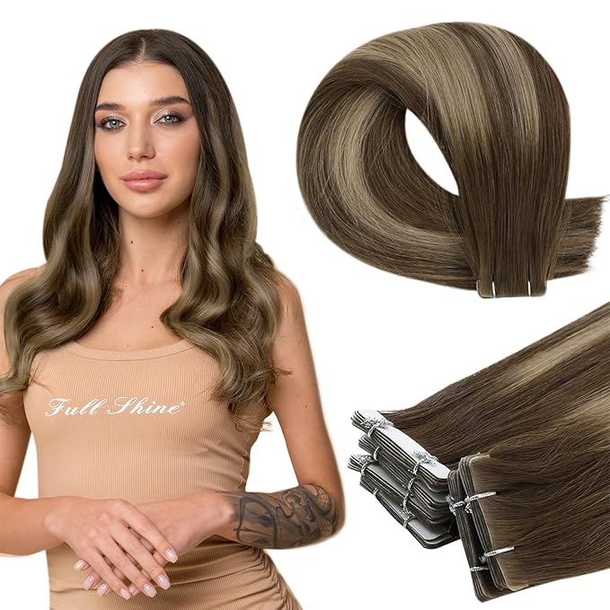 Full Shine Tape in Hair Extensions Human Hair 14Inch Machine Virgin Tape in Extensions Color Medium Brown to Honey Blonde Balayage Short Skin Weft Hair Extensions 10Pcs 20Gram for Women