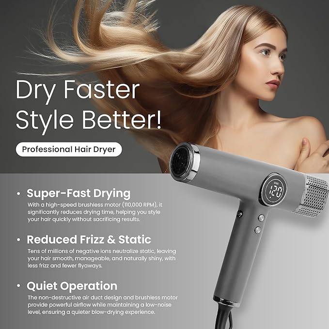 Hair Dryer for salon-1800W high Speed Powerful Blow Dryer with a110,000 RPM Lightweight Turbo Heat for Fast Drying-Black