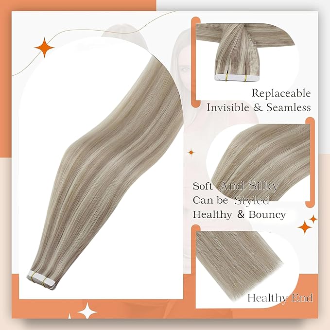 Full Shine Tape in Hair Extensions 12 Inch Remy Tape Hair Extensions Real Human Hair 20pcs 30g Highlight Color 18 Ash Blonde And 613 Blonde Extensions for Women Glue in Hair for Short Tapes ins