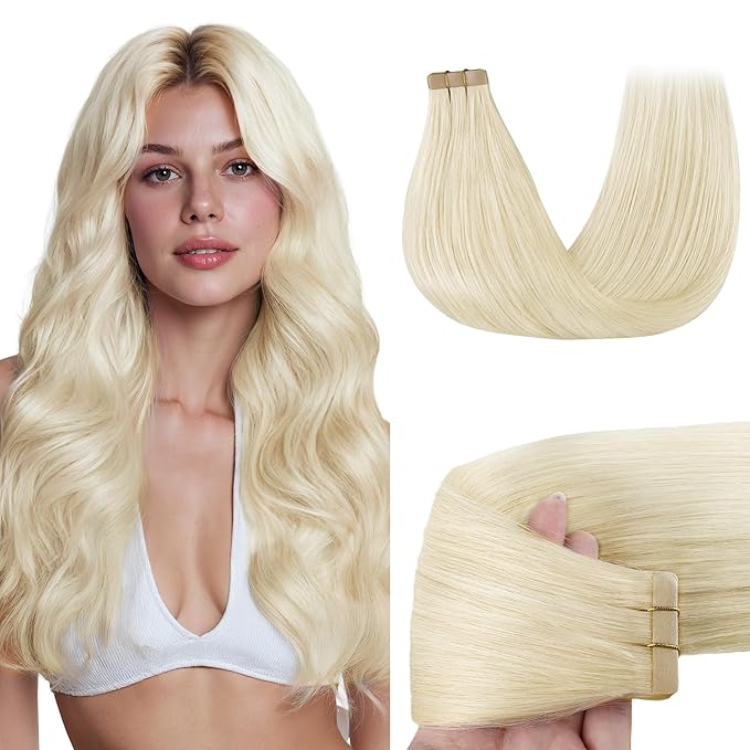 GOO GOO Tape in Hair Extensions Human Hair, 1000 Pure Platinum Blonde, 14inch 50g 20pcs, Skin Weft Seamless Invisible, Silky Straight with Thick Ends, Remy Human Hair
