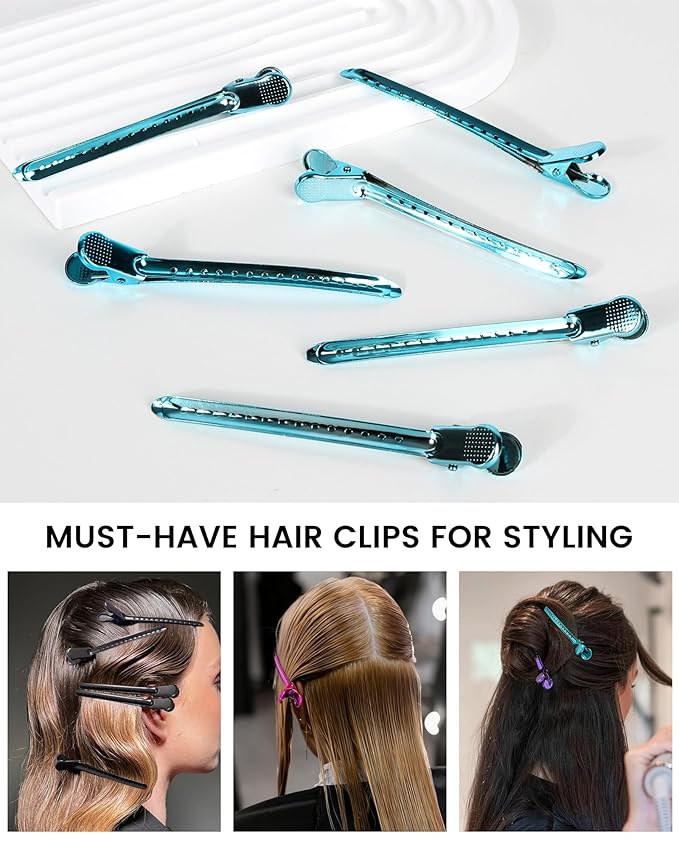 Alligator Clips for Hair Styling 12 pcs Anti-Slip No-Trace Duck Billed Hair Clips Rustproof Metal Alligator Curl Clips for Hair Styling for Salon & Makeup, blue.