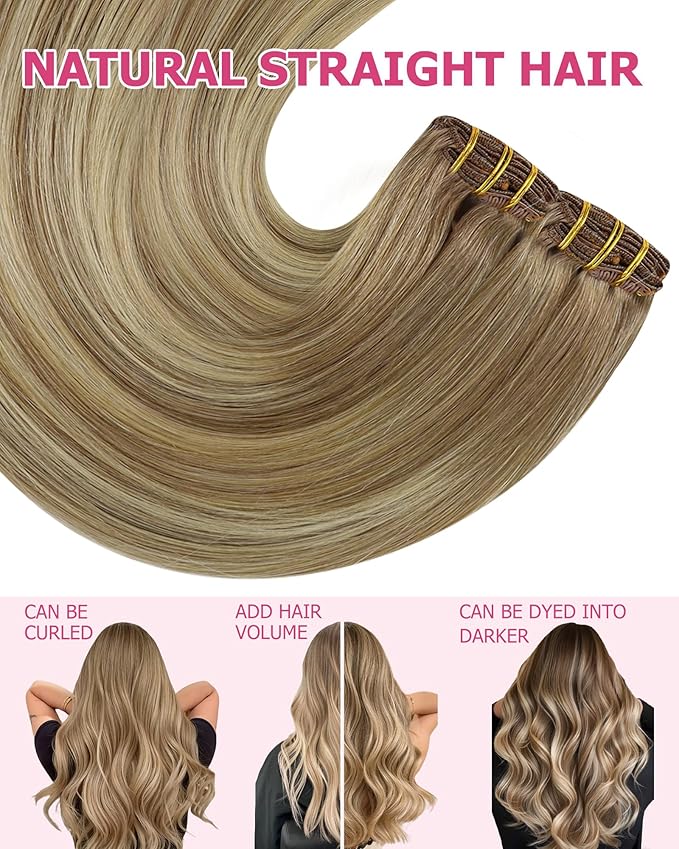 YoungSee Human Hair Clip in Extensions Balayage Light Brown Mix Blonde Invisible Clip in Hair Extensions Human Hair Light Brown Real Human Hair Extensions Clip ins for Full Head 22Inch 7Pcs 120G