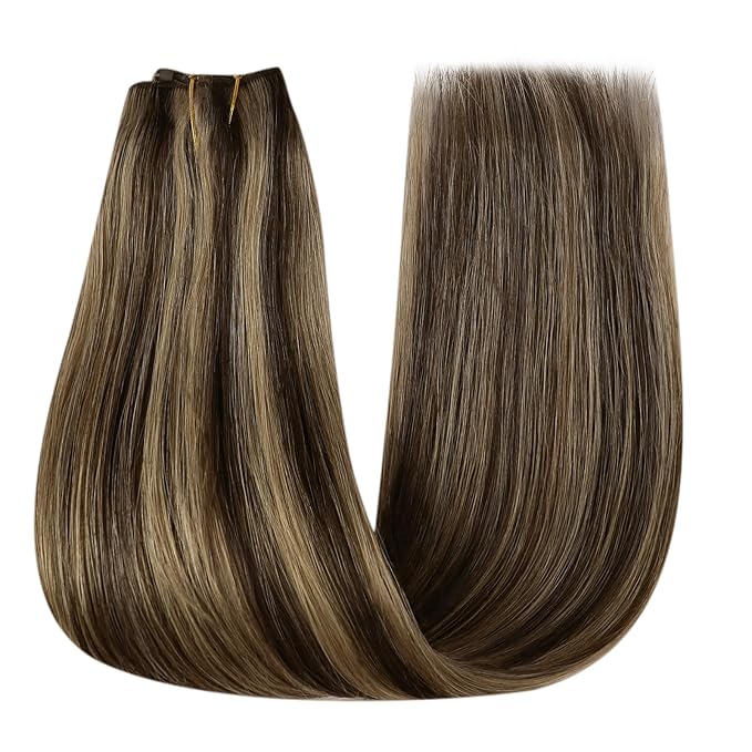 YoungSee Wire Hair Extensions Real Human Hair Brown Highlight Hair Wire Dark Brown Mix Caramel Blonde Human Hair Fish Line Extensions Easy to Wear 18inch 80g