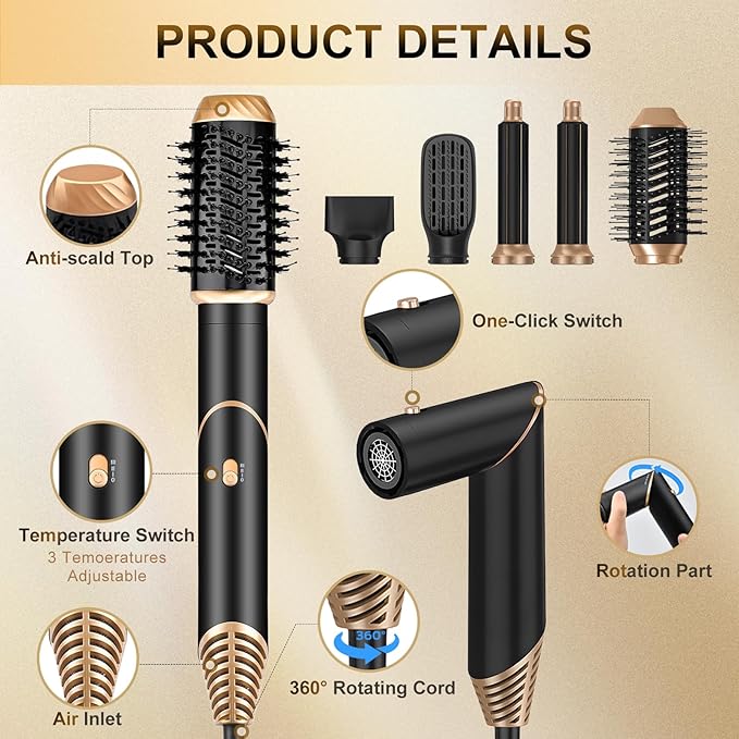 Hair Dryer Brush Set 6 in 1, Anluomania Blow Dryer Brush Foldable, Multi Negative Ionic Curl Hair Dryer Hair Styling Tools, Detachable Air Hair Styler Curling Iron for Curling, Drying, Straightening