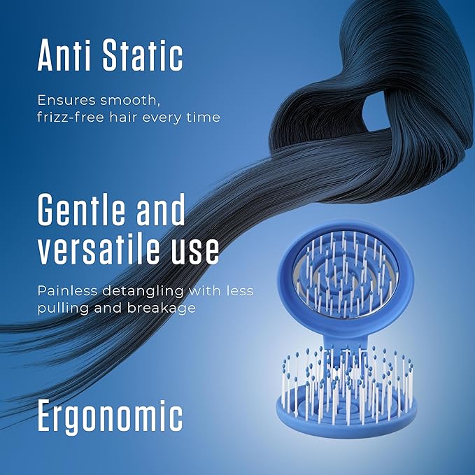 Mini Detangler Travel Hair Brush with Mirror, Makaron Hair Brushes for Women, Men and Kids, Unique 3D Flexible Design for All Hair Types, Styling Accessory, Travel Essentials for Women (DARK BLUE)