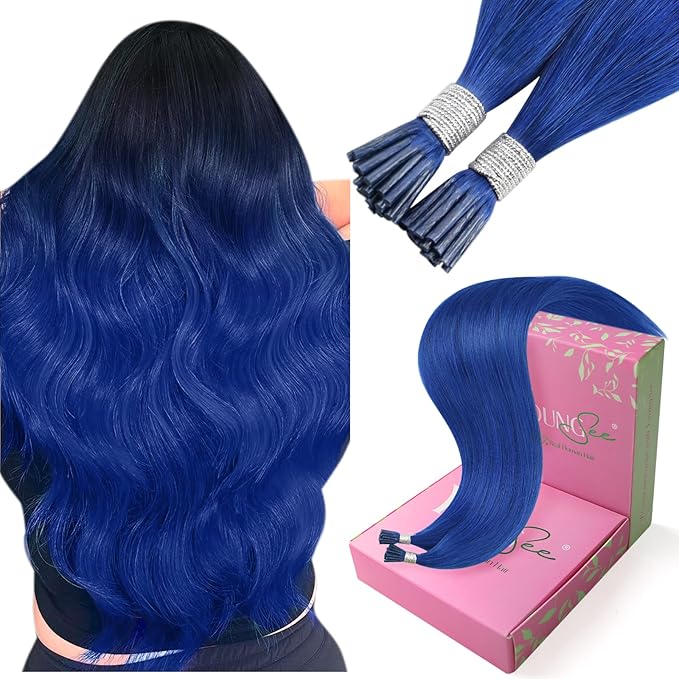 YoungSee Blue I Tips Hair Extensions 16 Inch I Tip Extensions Blue Colorful Hair Extension I Tip 40s Human Hair Extensions I Tips Experimenting with Colors for Prom 25g