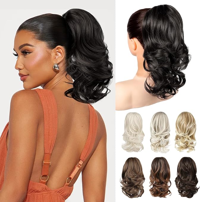 Ponytail Extension - 14" Claw Clip in Ponytail Hair Extensions Natural Soft Synthetic Layered Wavy Pony Tail Hair Pieces for Women (Deep Brown)
